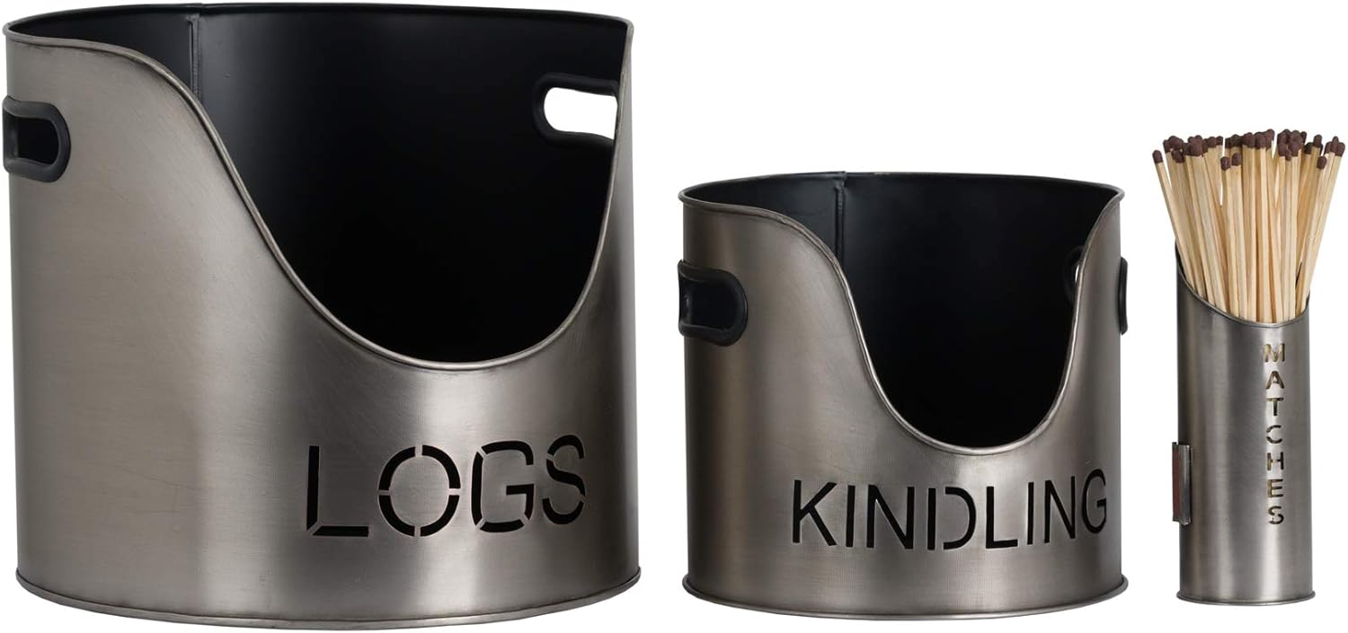 Pewter Silver Metal Log Kindling Match Holder Bucket Storage Amazon.co.uk Kitchen & Home
