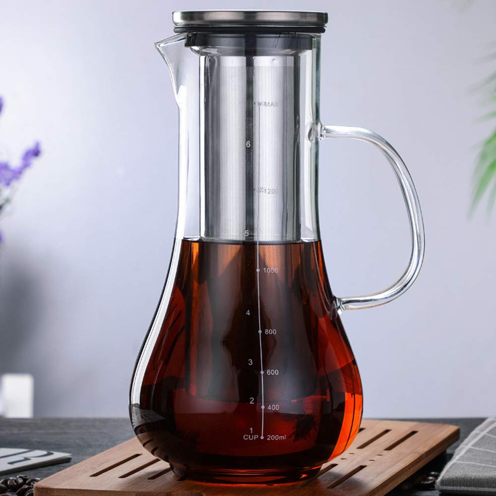 TAMUME Curved Style Cold Brew Teapot with Stainless Steel Mesh Coffee Filter, 1.2L Glass Water Pitcher