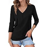 3/4 Length Sleeve Womens Tops Casual V Neck T Shirts Solid Basic Tee Tunic Tops Button Down Shirts Fall Clothes