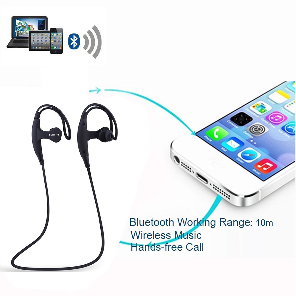 Sunvito Bluetooth Wireless 4.1 Headphones Sports Running Gym Exercise Earphones for iPhone 6, 6S, 6 Plus,Samsung Galaxy S5, S4 and more Smartphones and Tablets--Black