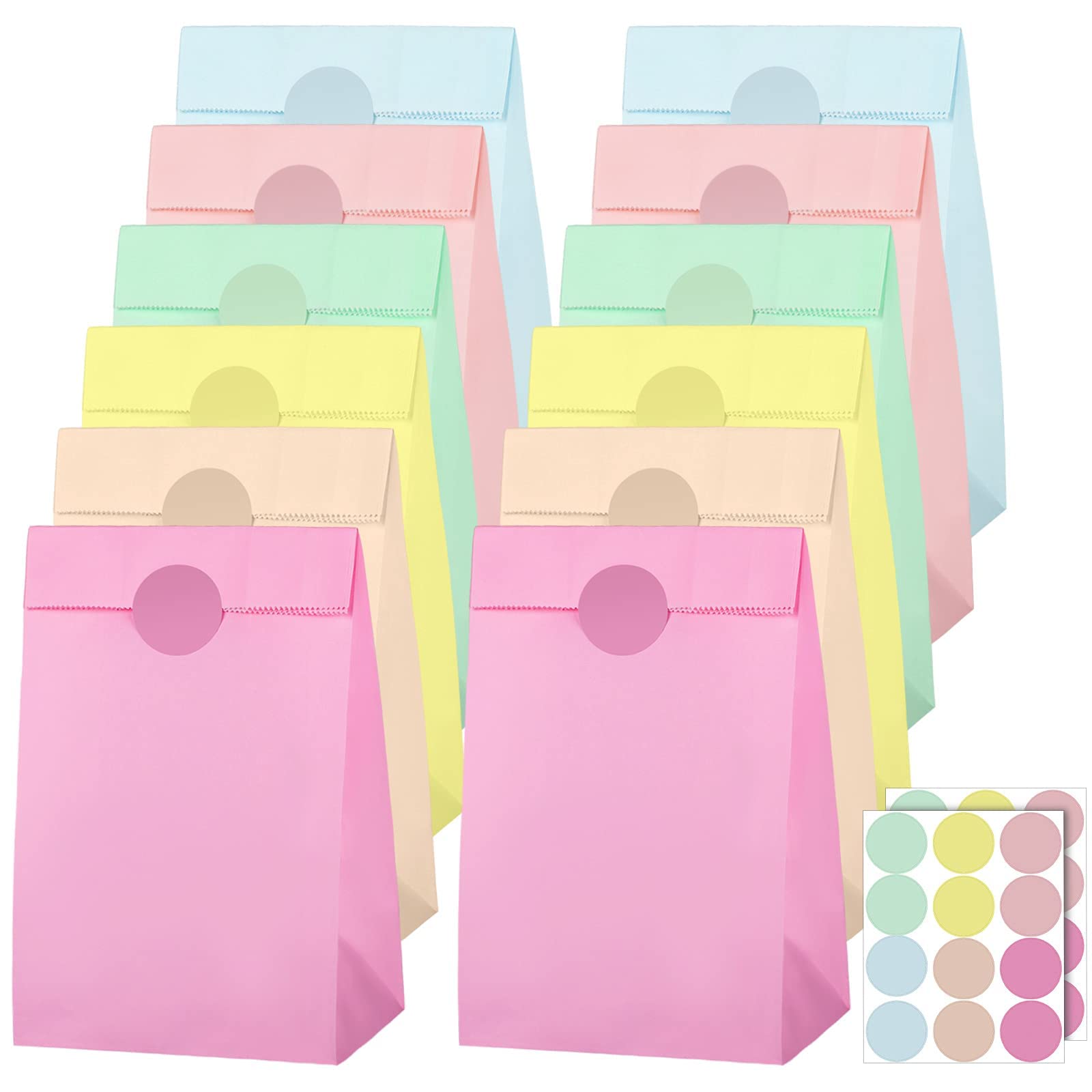 Cooraby 30 Pieces 5.1 x 3.1 x 9.4 Inch Candy Paper Bags Macaron-colored Snack Sweet Craft Candy Bags Gift Bags Party Favor Bags for Wedding Birthday Party with 48 Round Stickers