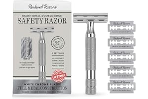 ROCKWELL RAZORS 2C White Chrome Double Edge Safety Razor With Adjustable Shave Settings and 5 Fully Recyclable Razor Blades. Reusable Safety Razors for Men and Women.