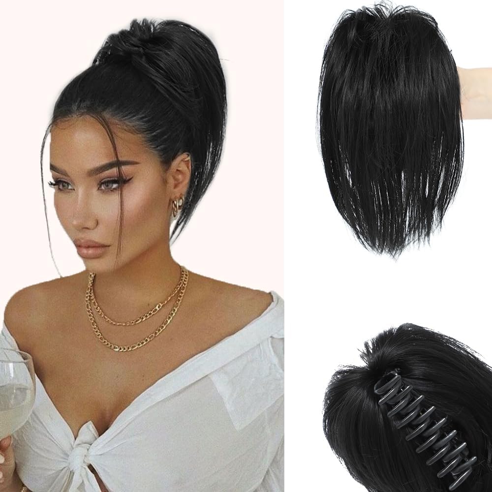 colorfulpanda Claw Clip Messy Bun Hair Extensions Black Color,Natural Straight Synthetic Hairpiece Short Ponytail Bun Chignons for Women Girls
