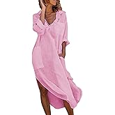 SOMTHRON Women's Casual Loose Cotton Linen Long Shirt Dress Button Down Cuffed Sleeve Side Split Maxi Shift Dress