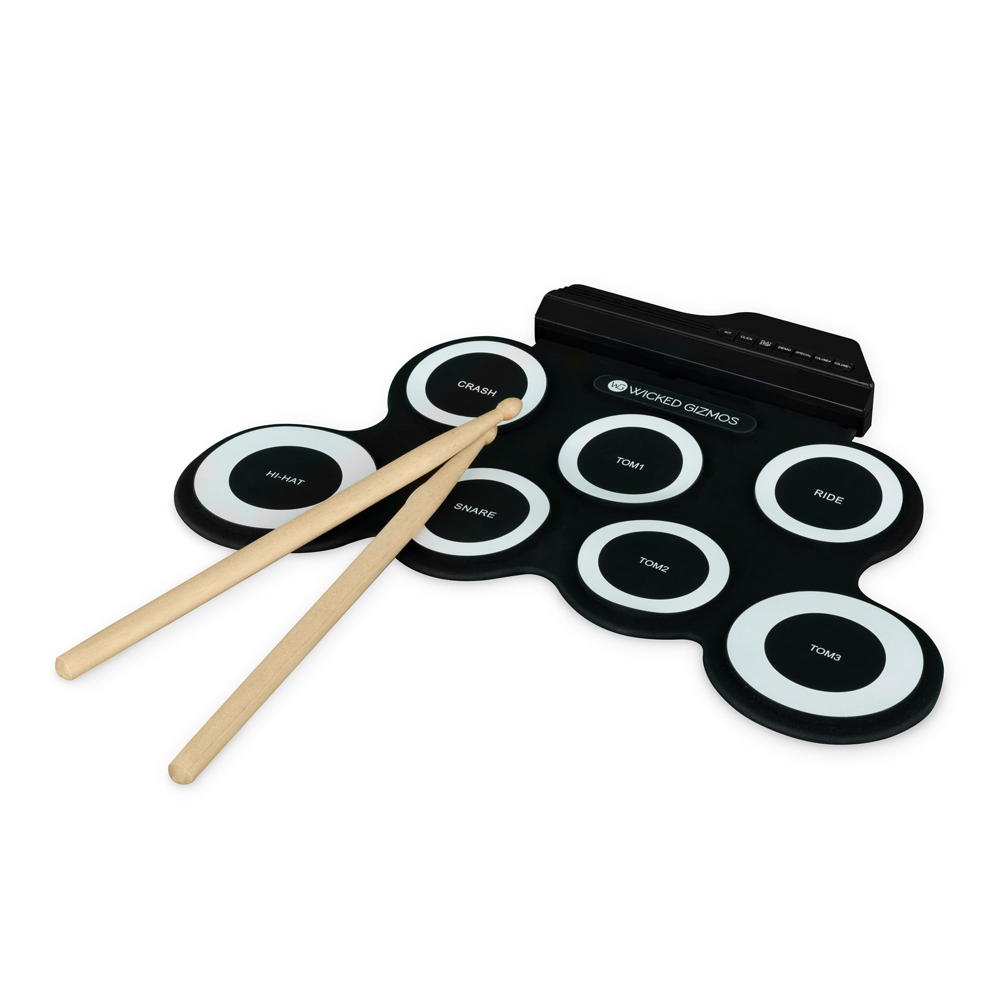 WICKED GIZMOS Electronic Drum Mat – Portable Roll Up Digital Music Pad Instrument for Beginners and Children - Learn to Play and Record your Own Beats – Digital Snare Tom Crash Ride Pedal Sticks
