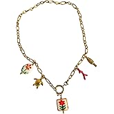 twelve gemstones 18K Gold Plated Coastal Charm Necklace, Women's Handmade Boho Jewelry with Floral Beads, Yellow Gold Plated Stainless Steel, 18.5 Inches, Flower Fish Coral Turtle Charms