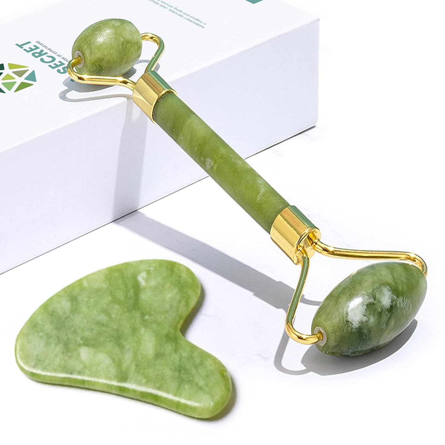 Jade Roller for Face & Gua Sha Facial Tools Skin Roller Massager Tool GuaSha Tool for Face Board Natural Jade Stone: Beauty