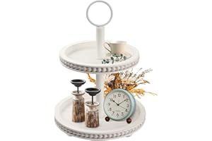 Boiarc Two Tiered Tray Stand, Rustic Round Farmhouse Style Decorative Tray, Wooden Serving Tray for Coffee Food Fruits Cupcakes, Home Decor Holiday Display(White)