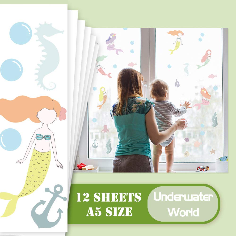 DIY Cartoon Decor Wall Stickers Mermaid Ocean World Nursery Multicolor Children's Bedroom Home Decoration Stickers A5（5.8x8.2inch）x 12sheets (Mermaid Ocean World171)