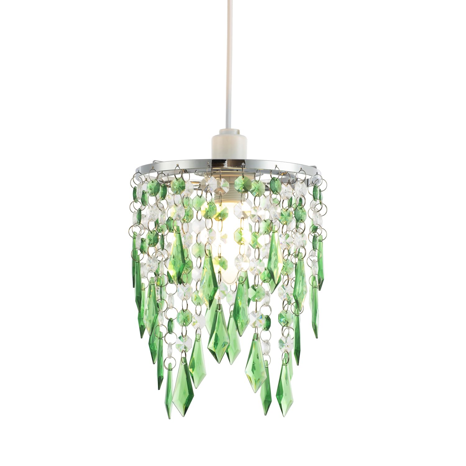 Modern Waterfall Design Easy Fit Pendant Shade with Clear/Emerald Green Acrylic Droplets and Beads - Chrome Metal Ring - 16cm Diameter by Happy Homewares — image 1