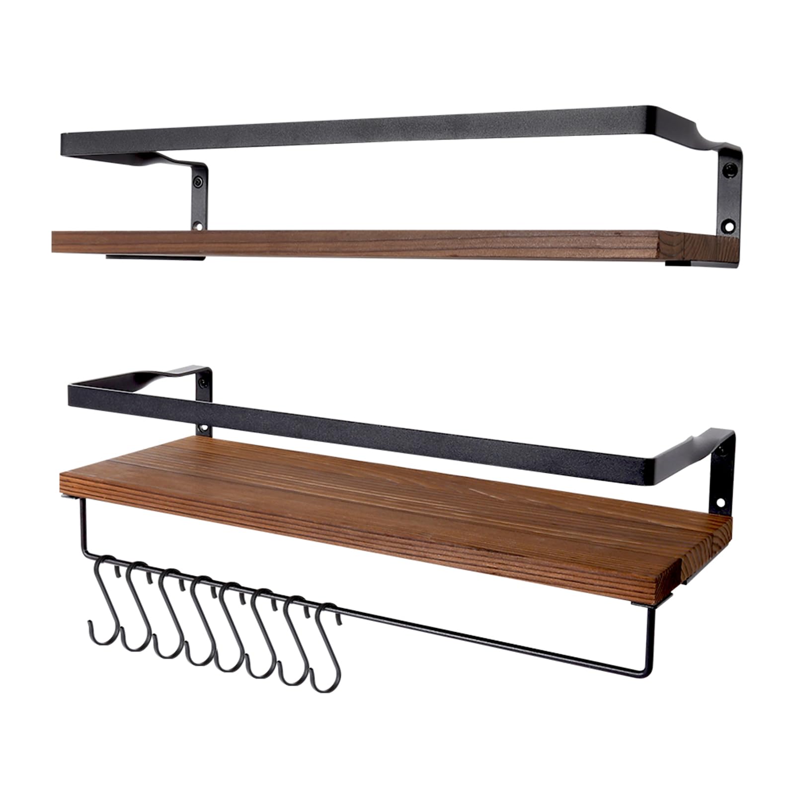 AGM Floating Shelves Wall Mounted Shelf, Wooden Wall Shelves Racking Set of 2 for Bedroom, Bathroom, Living Room, Kitchen Storage w/ 1 Towel Bar and 8 S-Hooks, Max Load 33lbs