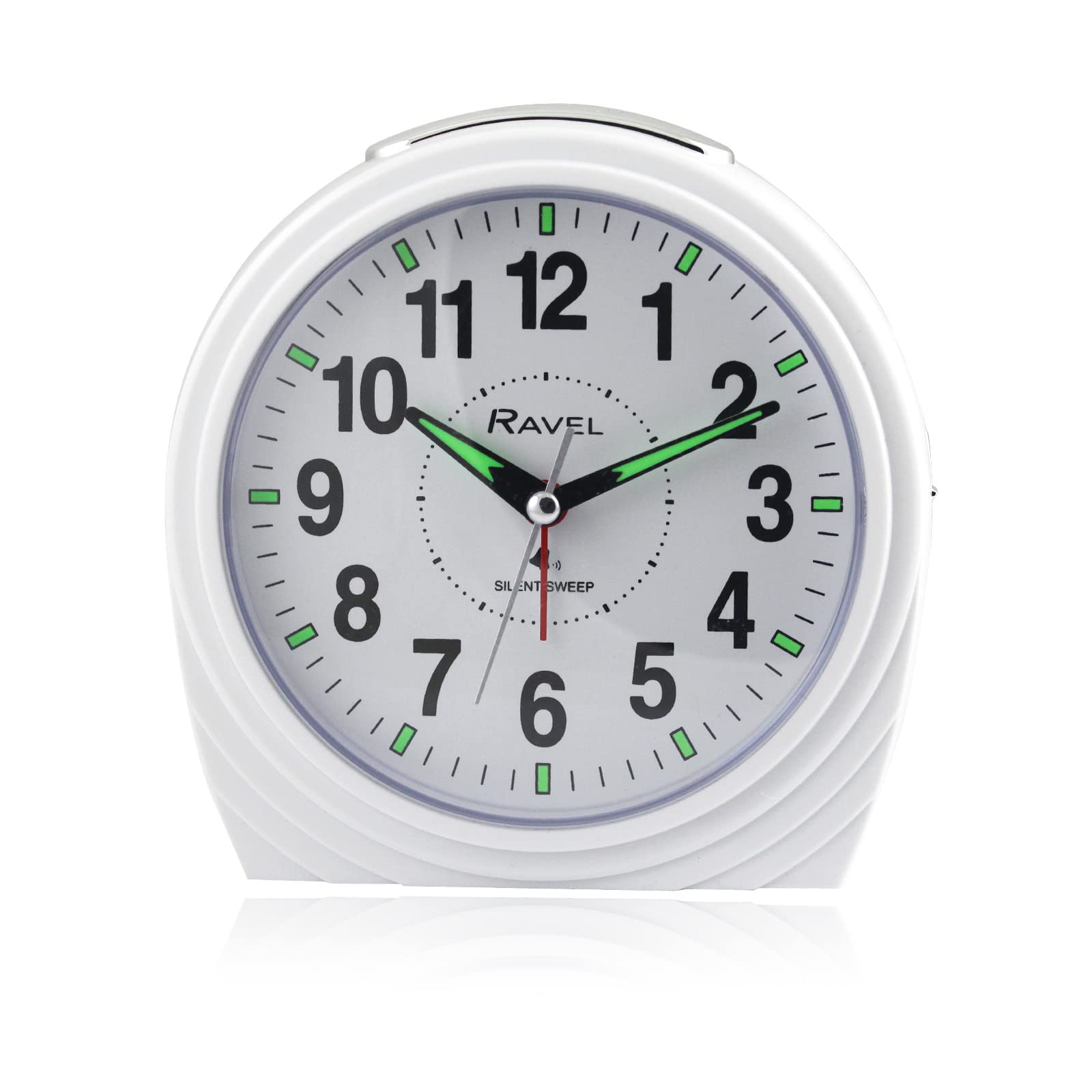 Ravel - Large Art Deco Bedside/Mantel Quartz Alarm Clock with Silent Sweep Second Hand, Snooze and Light - RC035.4 - Gloss White