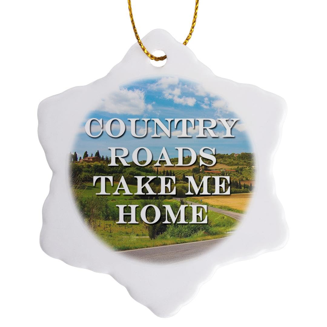 3dRose Country Roads Take me Home Snowflake Ornament, Porcelain, Multi-Colour, 3-Inch