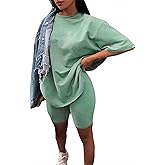 Youdiao Women 2 Piece Outfit Sets Oversized T-Shirt Tops Biker Shorts Casual Workout Sports Tracksuit Set with Belt