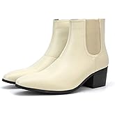 UZUJBAA Classic High Heel Heighten Side Zipper Chelsea Boots For Men Leather Fashion Pointed Toe Chunky Block Heel Elastic Mid-Calf Slip On Dress Ankle Booties For Business Party Wedding