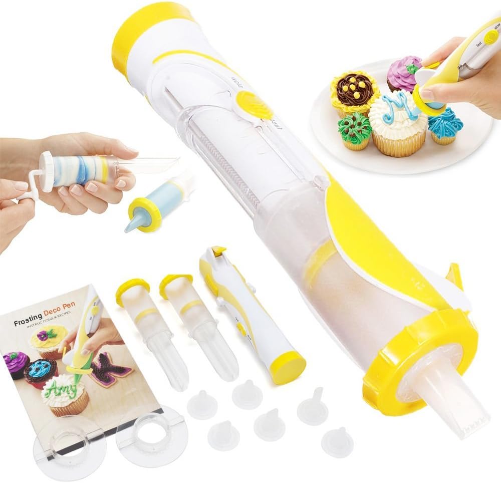 Mom Cake Pen | Complete Set of 14 Electric Icing Cupcake Cake Pastry Decoration Pen Tool Kit with Deco Tips E-Book | Adjustable Fast and Slow Mode 2 AA Batteries Powered | Nontoxic Food Grade PP Material | 926