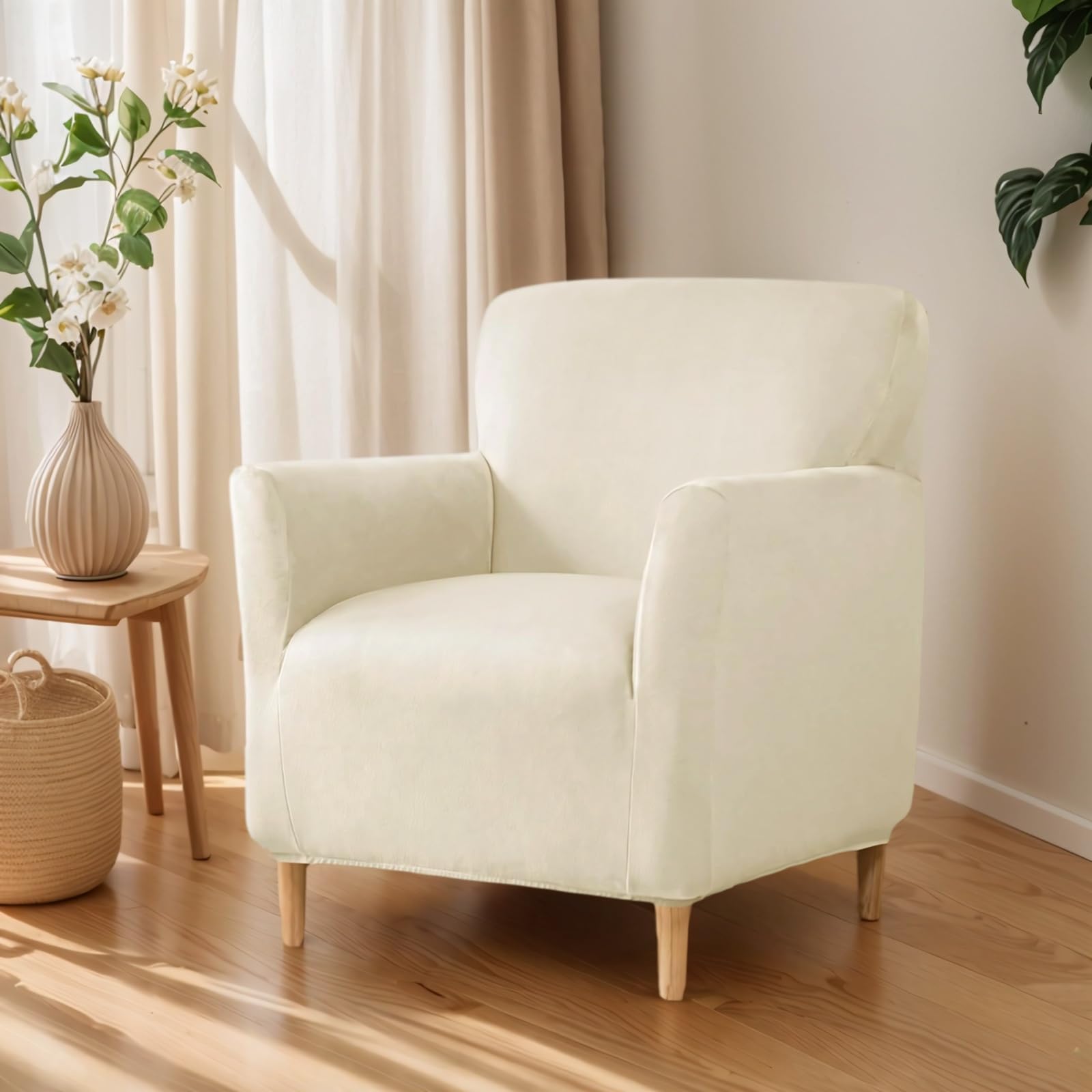 OKYUK Banquet Armchair Slipcovers Luxury Velvet Chair Slipcovers with Arms Stretch Chair Covers for Living Room Soft Armchair Slipcover Anti Slip Dog Pet Friendly Furniture Protector (Beige)