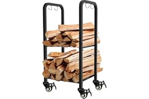 Artibear Small Rolling Firewood Rack on Lockable Wheels, Movable Fire Wood Holder Log Storage Stacker Stand for Outdoor Indoor Fireplace (With Wheels)