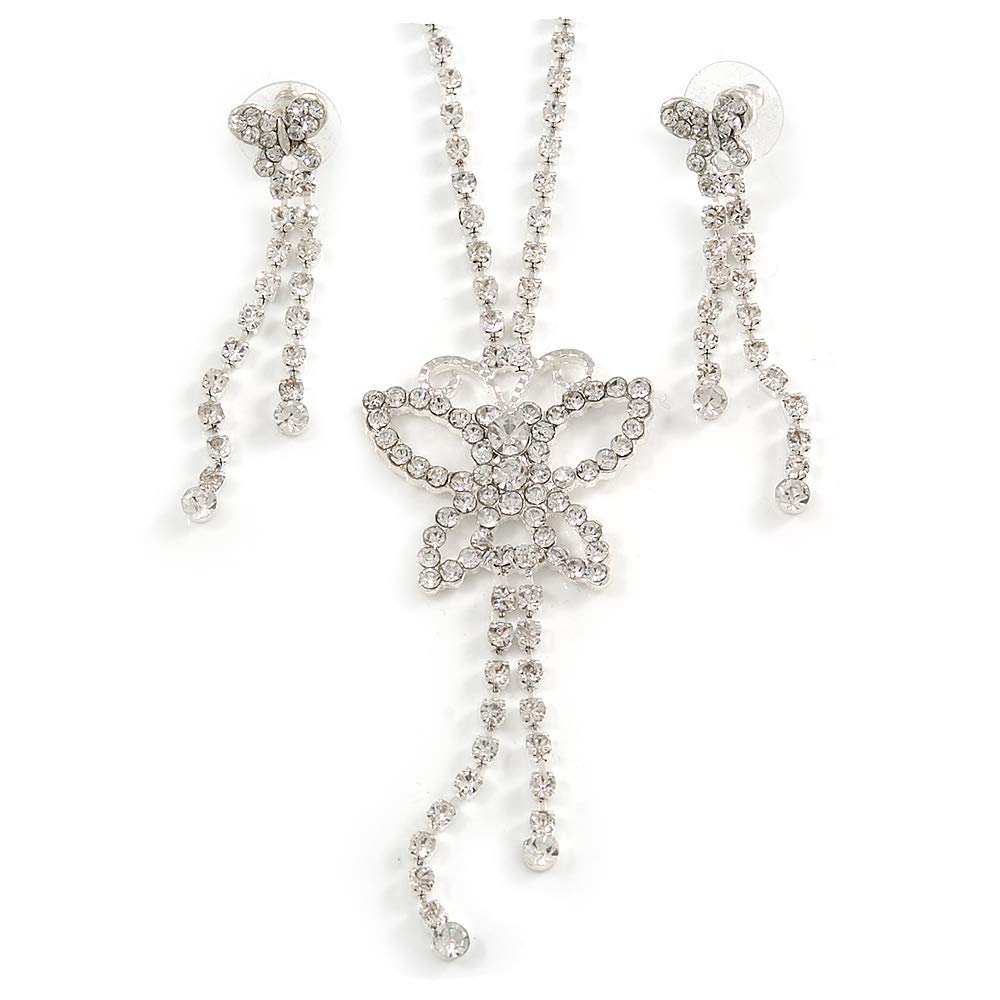 Avalaya Clear Diamante Butterfly Necklace And Earring Set (Silver Tone)