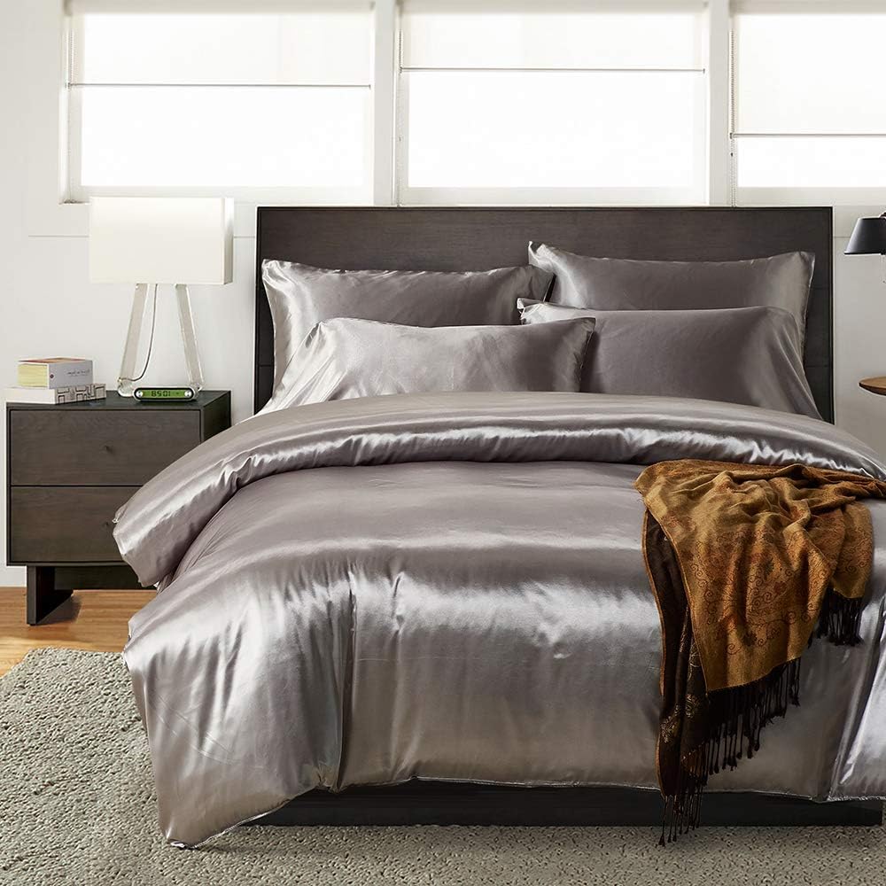 Kingla Home Luxury Soft Microfiber Satin Silk Bedding Sets King 3 Piece Duvet Cover Set (1 Duvet Cover + 2 Pillowcases) Gray Comforter Cover Set