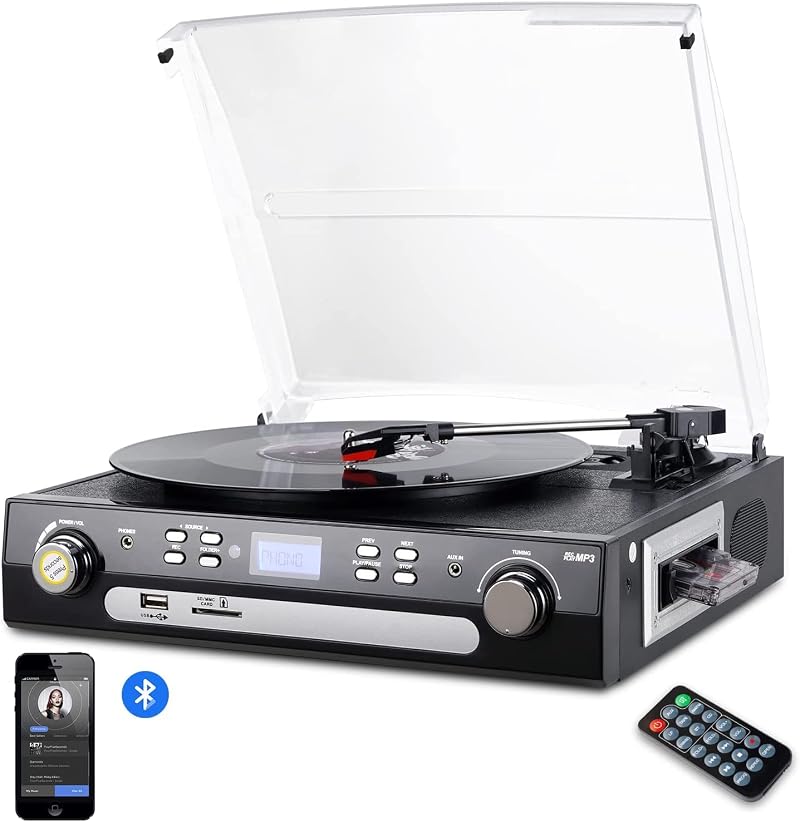 DIGITNOW Vinyl Record Player Bluetooth Turntable with USB Encoding AM/FM Radio