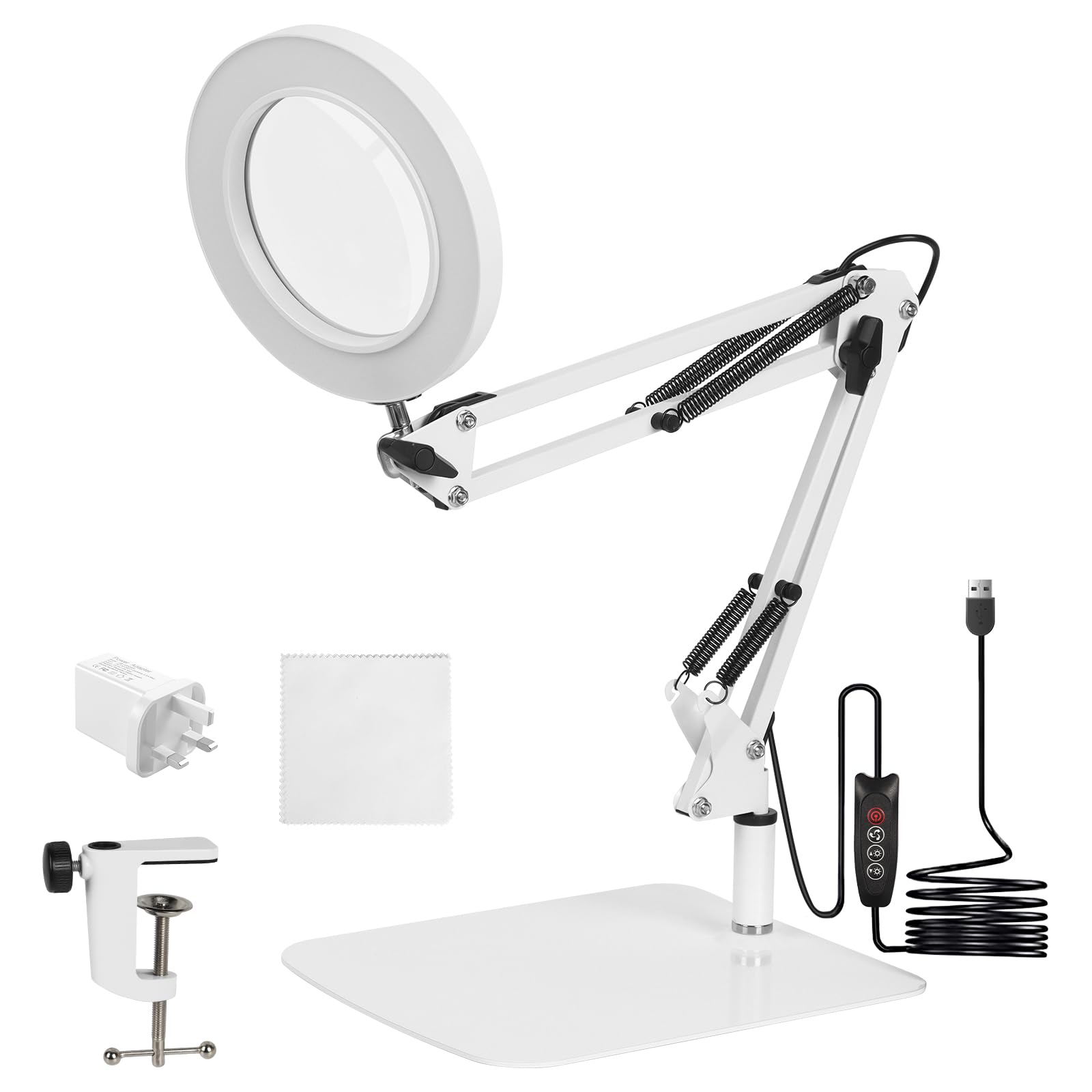 10X Magnifying LED Desk Lamp with Base & Clamp, Magnifying Glass with Light, 3 Color Modes Lighted Magnifier Lamp, Adjustable Arm 4.13" Diameter Glass Magnifying Glasses for Reading, Hobbies (White)