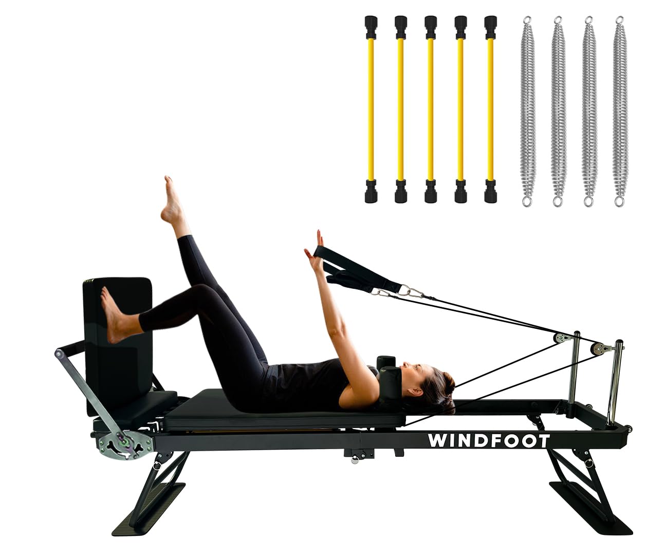 Photo 1 of WINDFOOT Pilates Reformer Machine Equipment with 4X22LB Springs & 5X11LB Cords for Home Workout, Foldable Pilates Equipment with Jump Board for All Level Users (Black)