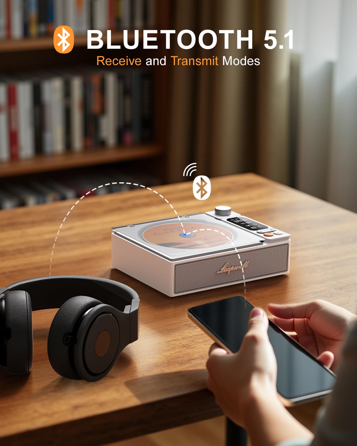 Leapwell CD Player Portable Bluetooth Desktop CD Players for Home with Speakers Rechargeable Small Retro CD Player with LCD Screen Optical USB White