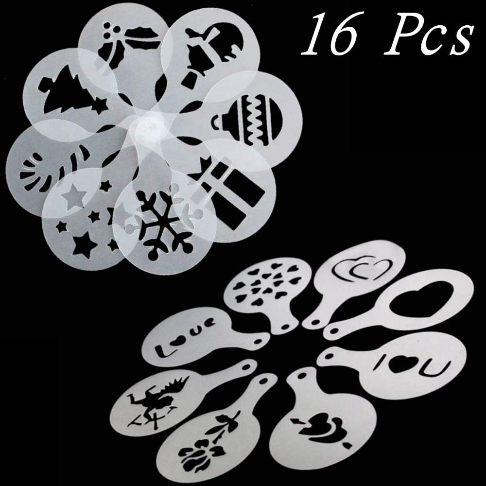 Christmas Theme Coffee Decorating Stencils, Coffee Art Stencils Barista Template for All Kinds of Mousse, Cut Cake, Birthday Cake, Coffee, Set of 16