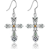 Celtic Earrings Gifts for Women Sterling Silver Cross Celtic Knot Irish Dangle Earrings with Mustard Seeds Abalone Jewelry