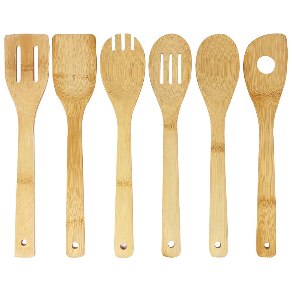 Joeji's Kitchen 6 Bamboo Wooden Kitchen Utensils for Cooking, Resistant & Stylish Bamboo Utensils: Wooden Spoon, Slotted Spoon, Slotted Spatula, Spork, Spatula with Hole