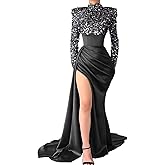 Sequin Long Sleeve Prom Dress Mock Neck Satin Mermaid Ball Gowns for Women Formal Backless Evening Dresses with Slit