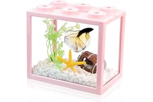YOBIISOLUT Small Betta Fish Tank, Stackable Mini Fish Tank Tiny Aquarium Tank Kit with Aquarium Gravel & Resin Decorations, 0.6 Gallon Cube Desktop Fishbowl for Snails, Crabs, Starfish (Pink)