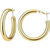 Chunky Hoop Earrings for Women 18K Real Gold Plated Thick Round Gold Hoops Earrings Hypoallergenic Tube Statement Earring Gift 25/30/40MM