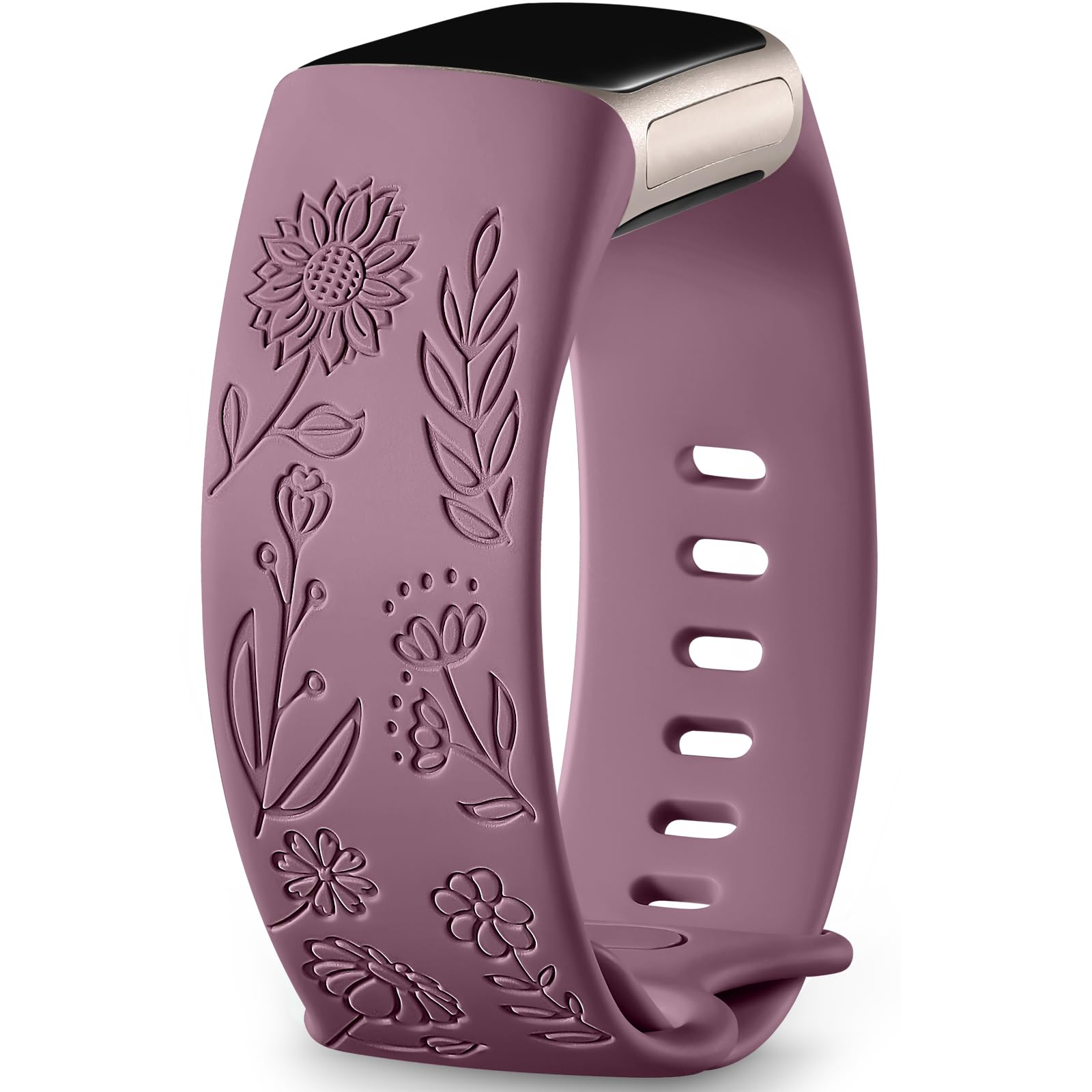 Epova Sunflower Engraved Strap Compatible With Fitbit Charge 6/5 for Women Men, Soft Sport Silicone Replacement Band, SmokePurple