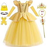 Luzlen Belle Costume for Girls Yellow Princess Dress up Halloween Birthday Party Cosplay Outfits with Accessories