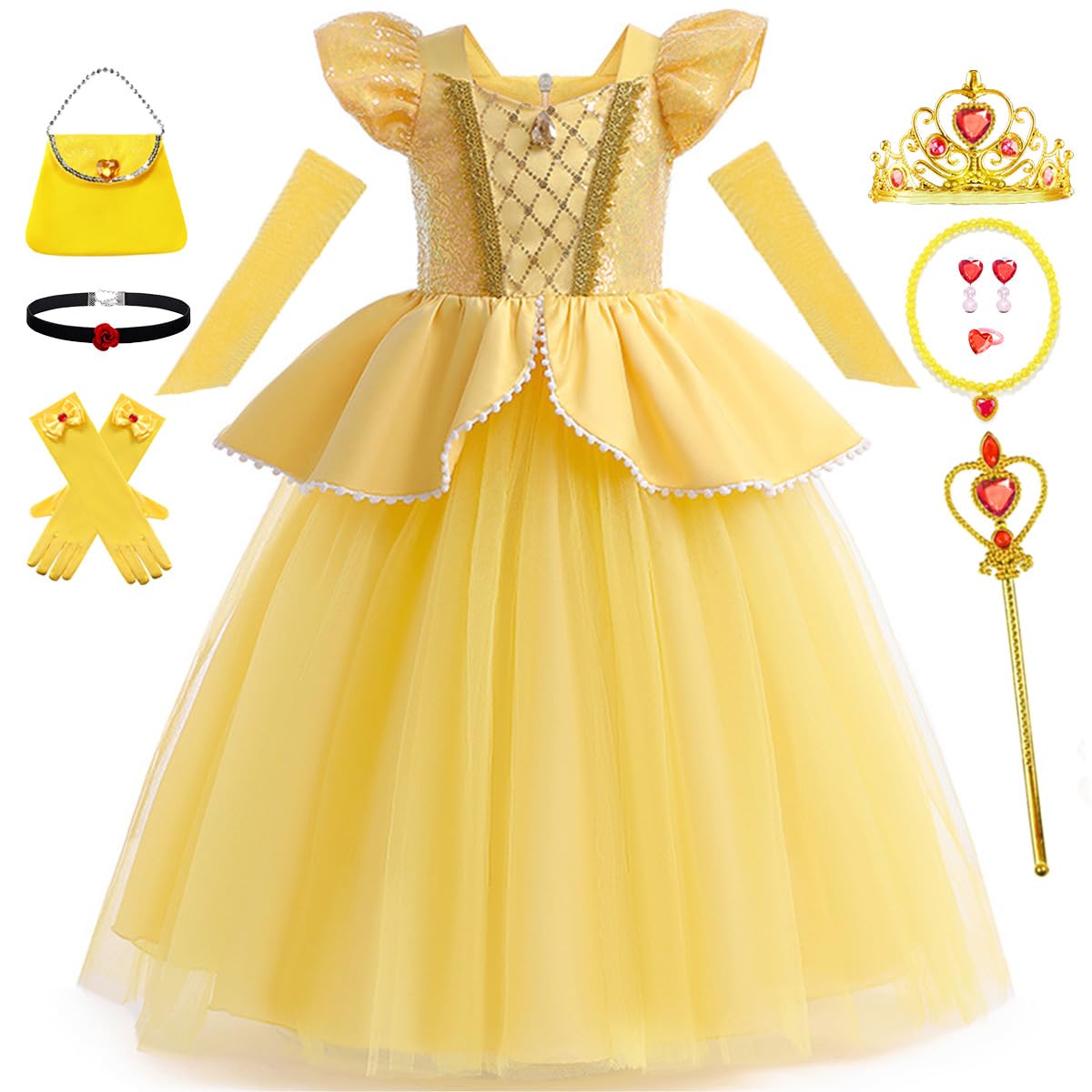 Photo 1 of Luzlen Belle Costume for Girls Yellow Princess Dress up Halloween Birthday Party Cosplay Outfits with Accessories Yellow, 2-3T(Tag 100)