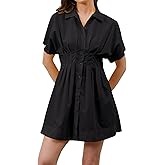 calbatic Women Button Down Pleated Shirt Dress Striped Short Sleeve Summer Casual Business Flowy Mini Short Dress