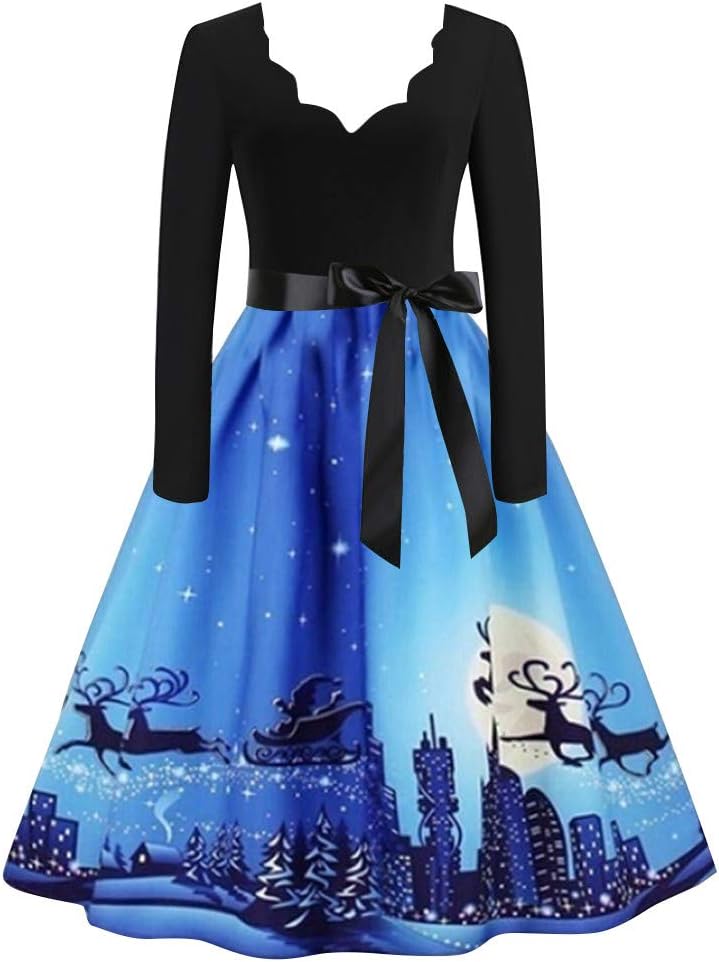 NEEDRA Women's Retro O Neck Butterfly Musical Note Printed Evening Dress