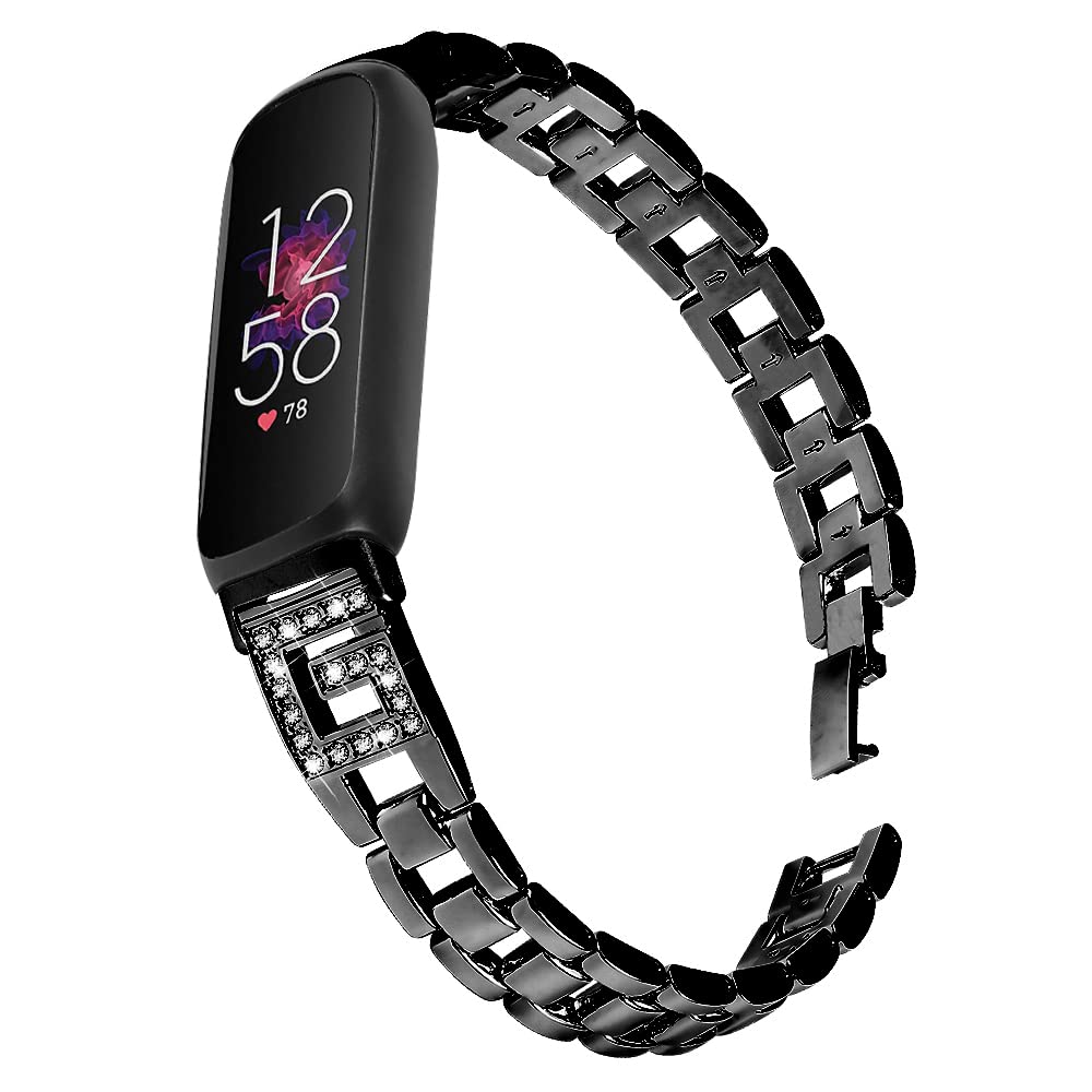 Gimuk Metal Strap for Fitbit Inspire 3 Straps for Women Men, Adjustable Stainless Steel Bands Bling Rhinestone Replacement Strap Bracelet Wristbands for Fitbit Inspire 3 (Black)