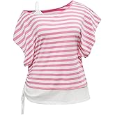 SOLY HUX Women's Plus Size Striped T Shirt Y2k Cold Shoulder Short Sleeve Summer Tops Drawstring Side Casual Tee