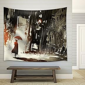 Lonely Woman with Umbrella in Abandoned City,Digital Painting - Fabric Wall Tapestry Home Decor - 51x60 inches