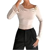 RoseSeek Women's Asymmetrical Draped Neck T Shirts Starfish Long Sleeve Crop Tops Elegant Fitted Top