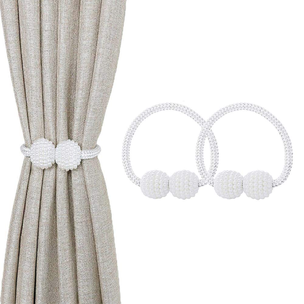 Magnetic Curtain Tie Backs, Magnetic Curtain Clips Rope Curtain Holder Buckles Small Bead Curtain Buckle Clips Rope Holders for Home Office Hotel Window Decoration (2-PACK, White)