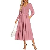 Kate Kasin Womens Long Sleeve Mixi Dress, Smocked Work Dress with Pockets, Elegant Fall Dresses 2025