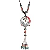 MINACHI Boho Hippie Colorful Ceramic Beads Strand O Ring Circle Charm Long Y Necklace, Vintage Bohemian Statement Jewelry Gift for Women