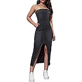 WDIRARA Women's Strapless Split Thigh Sleeveless Bodycon Tube Denim Dress with Pockets