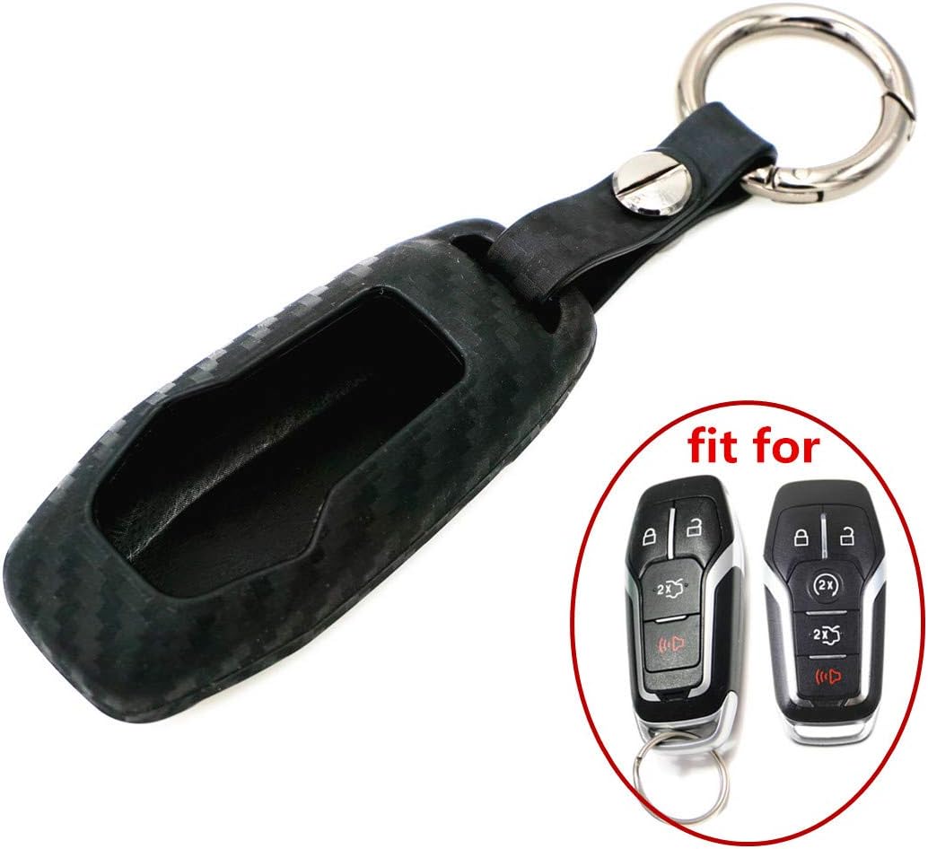 WFMJ Black Carbon Fiber Silicone for Ford Fusion Mustang F-150 F-450 Edge Explorer F-550 Lincoln MKZ MKC 5 Buttons Remote Smart Key Chain Holder Cover Case Fob