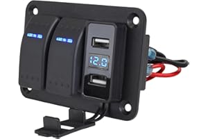 XHTECHNOLOGY 2 Gang Rocker Switch Panel with 4.8 Amp Dual USB Charger Voltmeter Waterproof 12V 24V DC Rocker Switch with Night Glow Stickers for Cars Trucks Boats RVs