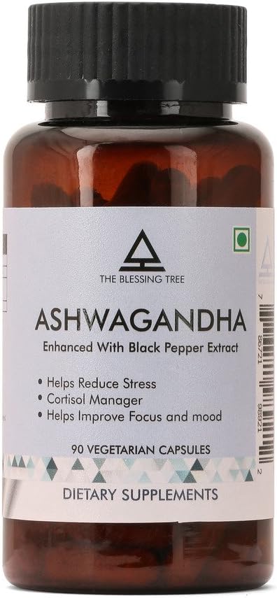 The Blessing Tree Ashwagandha Herbal supplement for Stress Relief, Thyroid Support and Cortisol Management. Better Absorption with Black Pepper Extract. 90 Veg Capsules.